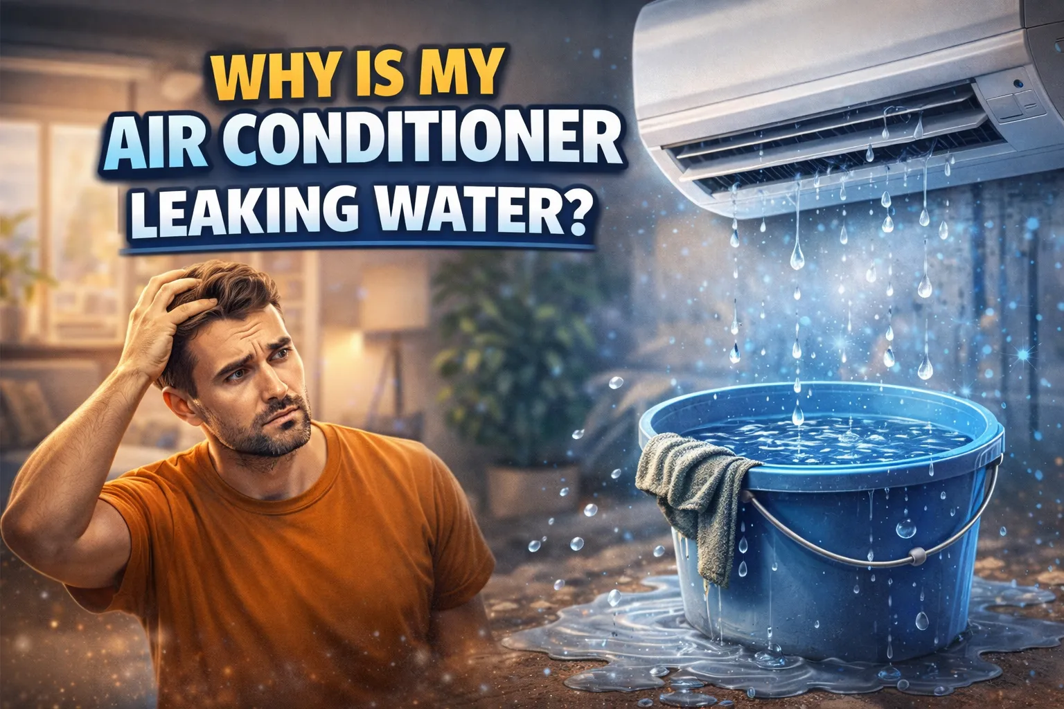 Worried homeowner looking at AC unit leaking water into overflow bucket Homeowner staring at a leaking mini-split AC draining into a bucket — common AC water leak causes in Tampa Bay